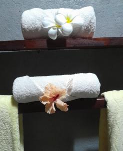 Dos toallas blancas y una flor en un estante en Serenity stay Kizimkazi, en Kizimkazi