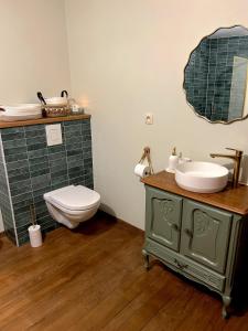 a bathroom with a sink and a toilet and a mirror at Charmante maison dans le centre & vue sur château in La Roche-en-Ardenne