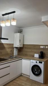 une cuisine avec une machine à laver et un évier dans l'établissement Appartement moderne à 5min du centre ville et des quais, à Romans-sur-Isère 17 autres photos