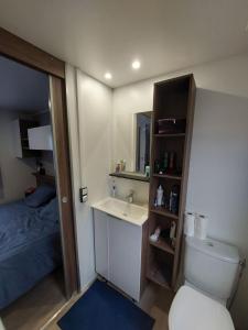 łazienka z toaletą, umywalką i łóżkiem w obiekcie MH263 3 chambres et 2 salles de bain dans camping 4 étoiles w mieście Saint-Julien-en-Born