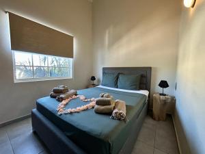 a bedroom with a bed with two stuffed animals on it at Oasis Boutique Resort - Magnesium zwembad in Willemstad +45 photos