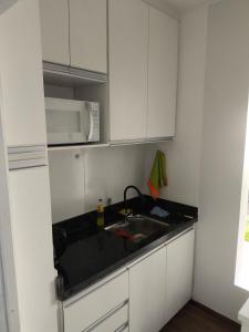a small kitchen with a sink and a microwave at Apartamento aconchegante na Asa Norte in Brasilia +4 photos