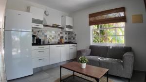 a kitchen and living room with a couch and a table at Oasis Boutique Resort - Magnesium zwembad in Willemstad