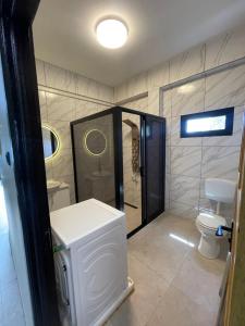 een badkamer met een toilet, een wastafel en een koelkast bij Majestic Apartment 1 Tout lui Faut in Flora +13 foto's