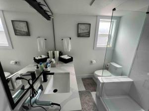 une salle de bain blanche avec un lavabo et des toilettes dans l'établissement Ricky's Apartment, à Delta 38 autres photos