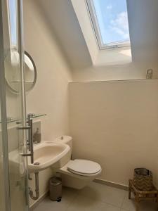 Un baño con inodoro, lavabo y tragaluz. en Kleine Oase im Grünen!, en Heiligenhaus