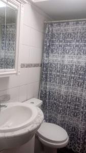 a bathroom with a toilet and a sink and a shower curtain at Casa hospedaje Annykita in Talca