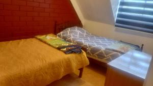 two beds sitting next to a window in a room at Casa hospedaje Annykita in Talca