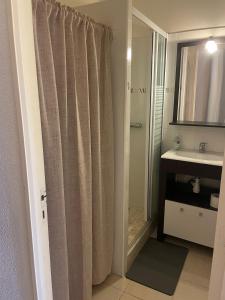 une salle de bain avec un rideau de douche et un lavabo dans l'établissement Apparemment pied des pistes, à Saint-Lary-Soulan
