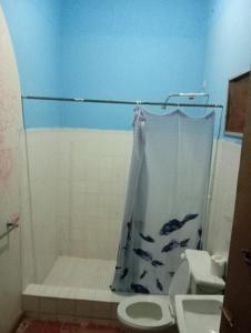 a bathroom with a shower and a toilet and a sink at Hostal El Encanto in La Ceiba