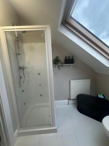 a bathroom with a shower in the attic at Conors view in Annagry
