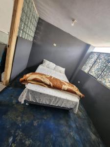 a bedroom with a bed in a room with two windows at Departamento citrine in Cajamarca