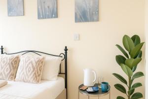 a bedroom with a bed and a table with a plant at Heron Gate Comfort, Park and Pillow in Cork +5 photos