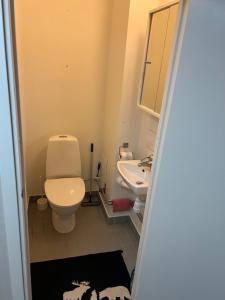 a bathroom with a toilet and a sink at Stodio i stockholm in Märsta
