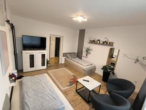 a living room with a couch and a flat screen tv at 4 You Apartment in Leoben mit Balkon, Garten und kostenlosen Parkplatz in Leoben