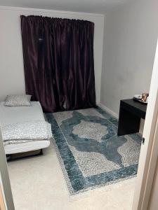 a room with a bed and a curtain and a rug at Stodio i stockholm in Märsta +3 photos