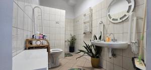 a bathroom with a sink and a toilet and a mirror at Strefa Zen pokoje z klimatem przy parku. in Jelenia Góra