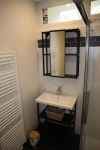 une salle de bain avec un lavabo et un miroir dans l'établissement Maison indépendante-Chambres grand confort, à Monistrol-sur-Loire