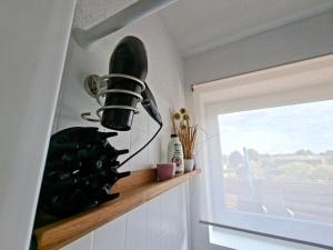 a black light on a shelf next to a window at Ferienhaus Ninua, 2 Schlafzimmer, Garten Terrasse in Hemmingstedt +52 photos