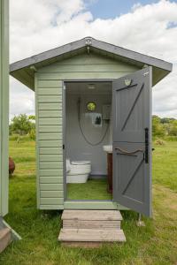 Un cobertizo verde con inodoro y ducha. en Orchard View Shepherds Hut, en Henfield