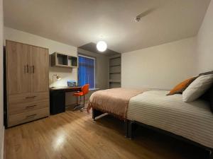 a bedroom with a bed and a desk in it at Newly Renovated House in Aberystwyth Town Centre in Aberystwyth