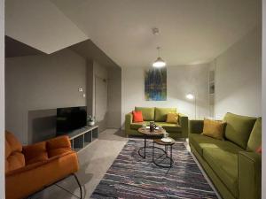 a living room with two green couches and a tv at Newly Renovated House in Aberystwyth Town Centre in Aberystwyth