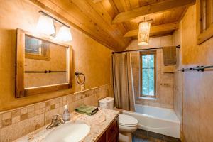 een badkamer met een wastafel, een toilet en een spiegel bij Anam Cara Cabin in Mohawk +59 foto's