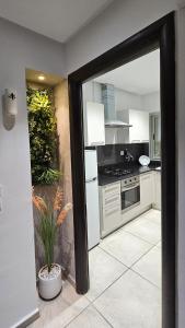an open door to a kitchen with a plant at Le Havre de Paix in Nabeul