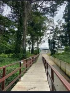 un ponte con una recinzione di legno e alberi sopra di House available for the Cop ad Ananindeua