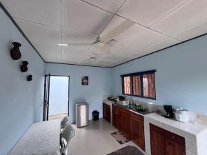 a kitchen with blue walls and wooden cabinets and a window at Apartment near the Río Niño in Upala