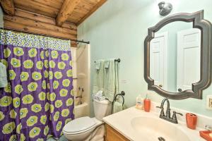 a bathroom with a toilet and a shower curtain at Master Complex 12 Br Estate Experience 100 Acre in Pleasant Mount +32 photos