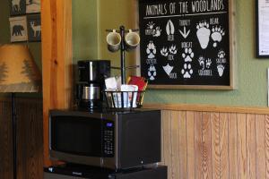 a microwave oven sitting on top of a counter at Maple Grove Lodging in Finland
