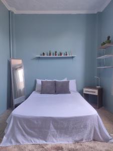 グアヤキルにあるHotel Pachamaの青い壁と大きな白いベッドのある寝室