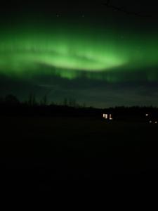 an aurora in the sky over a field at night at Sóltún -A cozy modern cabin in Klettaholt by the Golden Circle in Blaskogabyggo