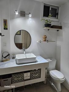 een badkamer met een wastafel, een toilet en een spiegel bij El patio de rosy in Maldonado +8 foto's