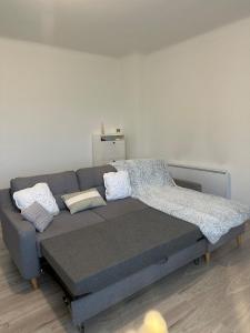 ベール・レ・ザルプにあるLocation F2 Berre Les Alpesの部屋にある枕が置かれたソファ