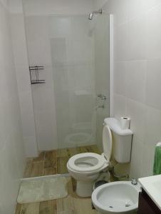 a white bathroom with a toilet and a shower at departamento la punta in La Punta +11 photos