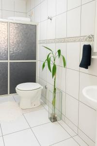 baño con aseo y jarrón con planta en Quarto Moderno e aconchegante para hospedagem, en Foz do Iguaçu