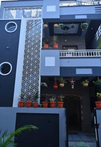 ein Gebäude mit Topfpflanzen an der Seite in der Unterkunft Khushi's Paradise Villa hampi in Hampi