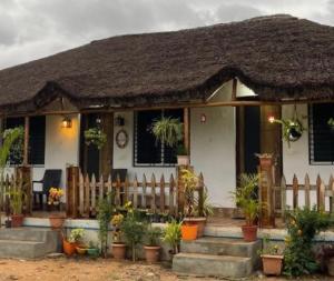 a house with a fence and potted plants in front of it at Khushi's Cottage in Hampi