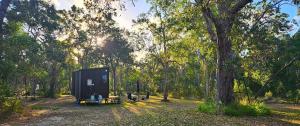 a black trailer sitting in the middle of a forest at Wilderness Whisper By Tiny Away in Agnes Water