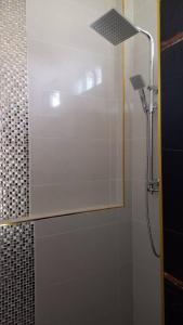 a shower with a glass door in a bathroom at Wisuthida Villa in Wang Saphung