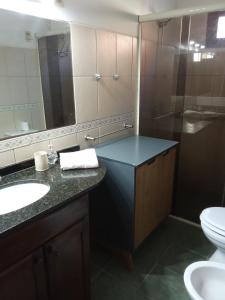 a bathroom with a sink and a toilet and a mirror at Costa Pinar in El Pinar