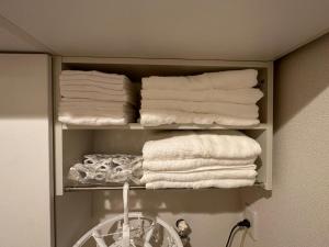 een kast met handdoeken op een plank bij 波音ハウス in Yugawara +60 foto's