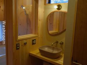 a bathroom with a sink and a mirror at and farmクラインガルテン in Nirasaki