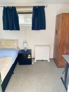 a bedroom with a bed and a window with blue curtains at A Cozy Cabin for two in Hamilton East near to CBD and Waikato Hospital in Hamilton