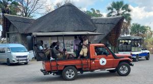 a group of people riding in the back of a truck at Buffalo Bob Lodge in Livingstone