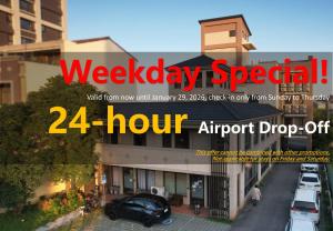 a flyer for a weekdays special hour airport drop off at Lütel Hotel Xpark Gloria Outlets Shin Kong Cinemas in Dayuan