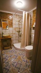 a bathroom with a shower and a toilet and a sink at Zöldre Néző Vendégház in Letkés