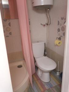 a bathroom with a toilet and a shower curtain at Студія в 5 хв від залізничного вокзалу in Kharkiv +2 photos